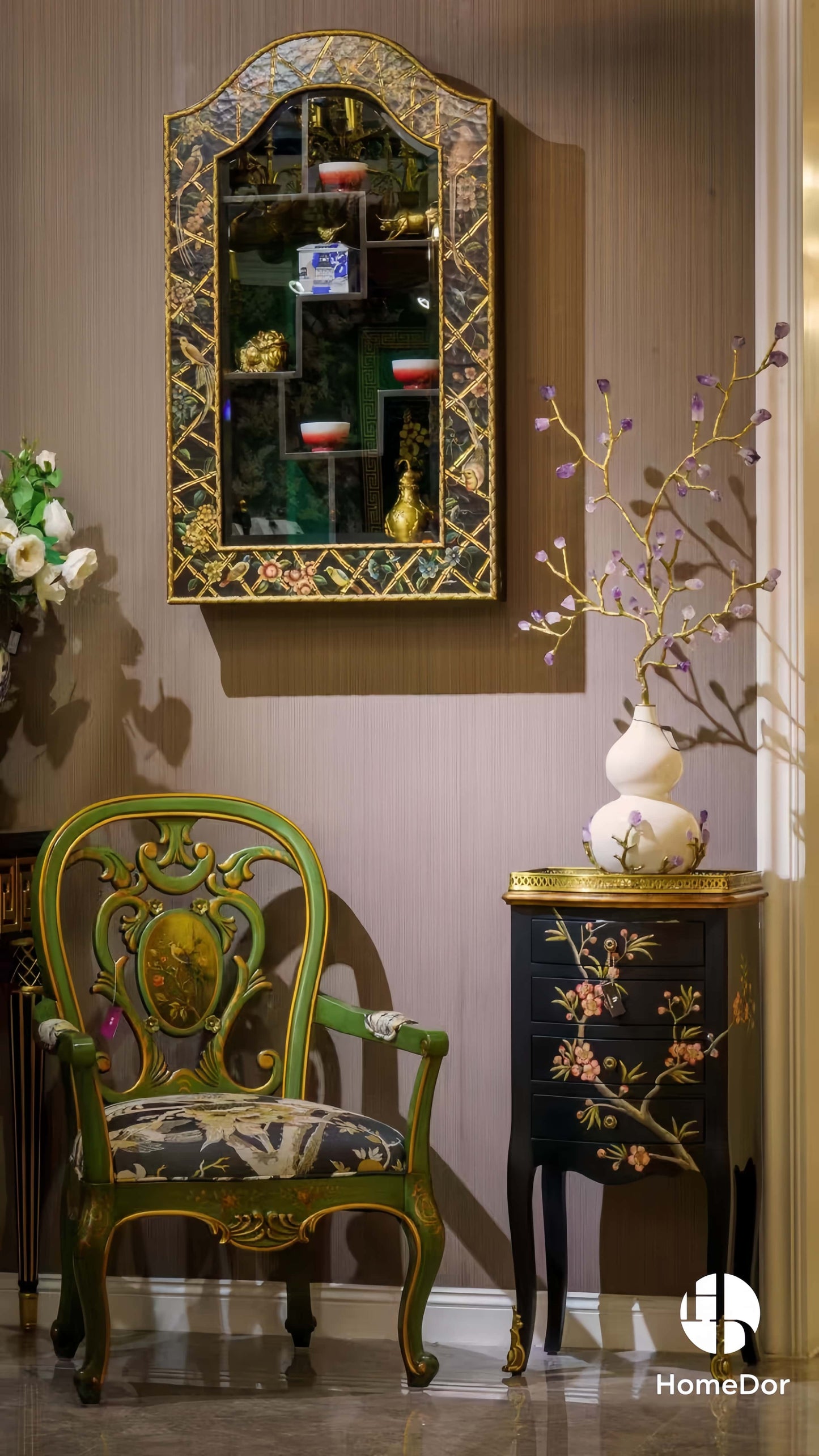 HomeDor-Oriental Classical Style High Legged Black Lacquer Chest of Drawers with Floral Motifs-Cabinets-L41cm × W30.5cm × H86cm-