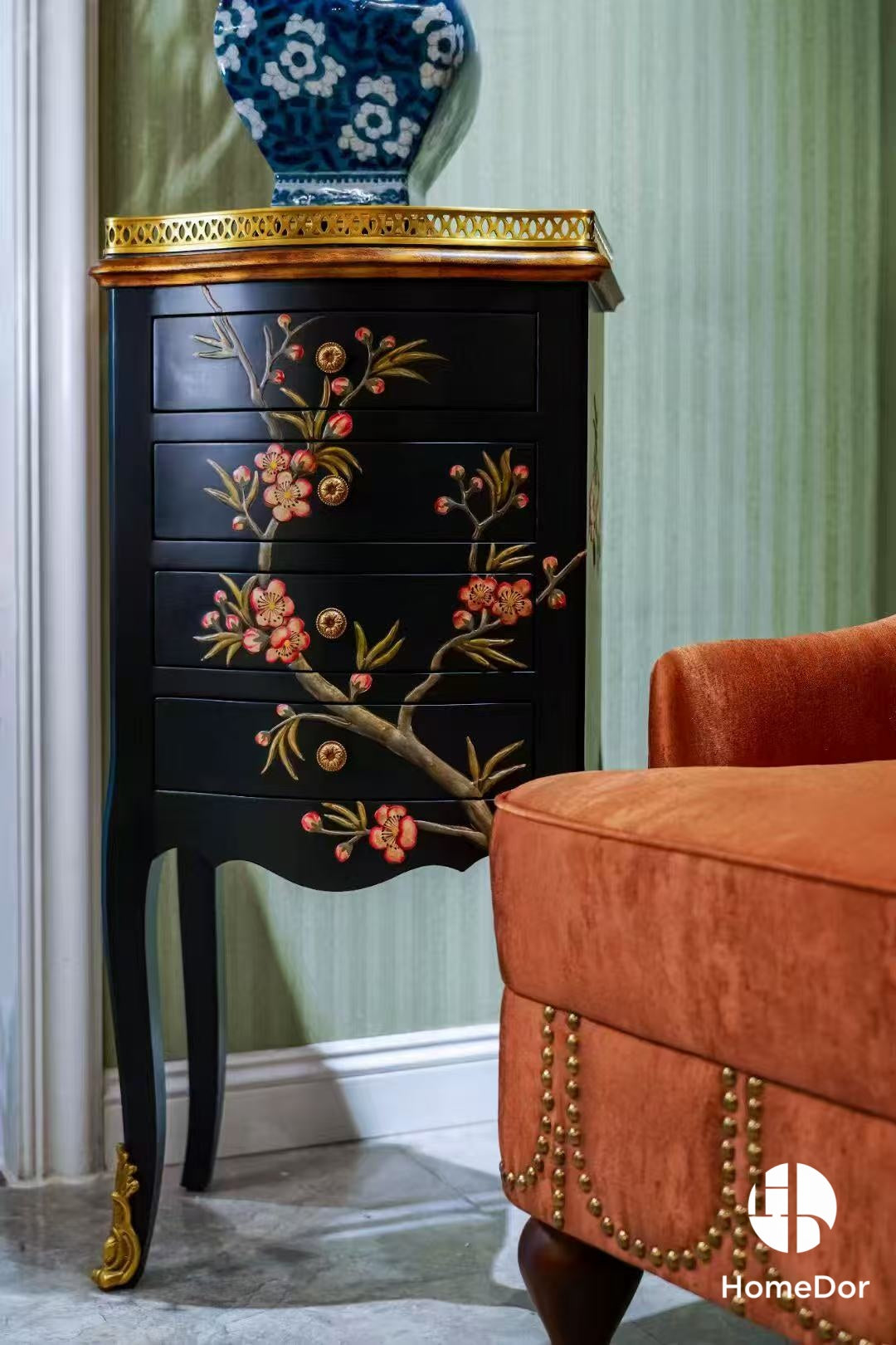 HomeDor-Oriental Classical Style High Legged Black Lacquer Chest of Drawers with Floral Motifs-Cabinets-L41cm × W30.5cm × H86cm-