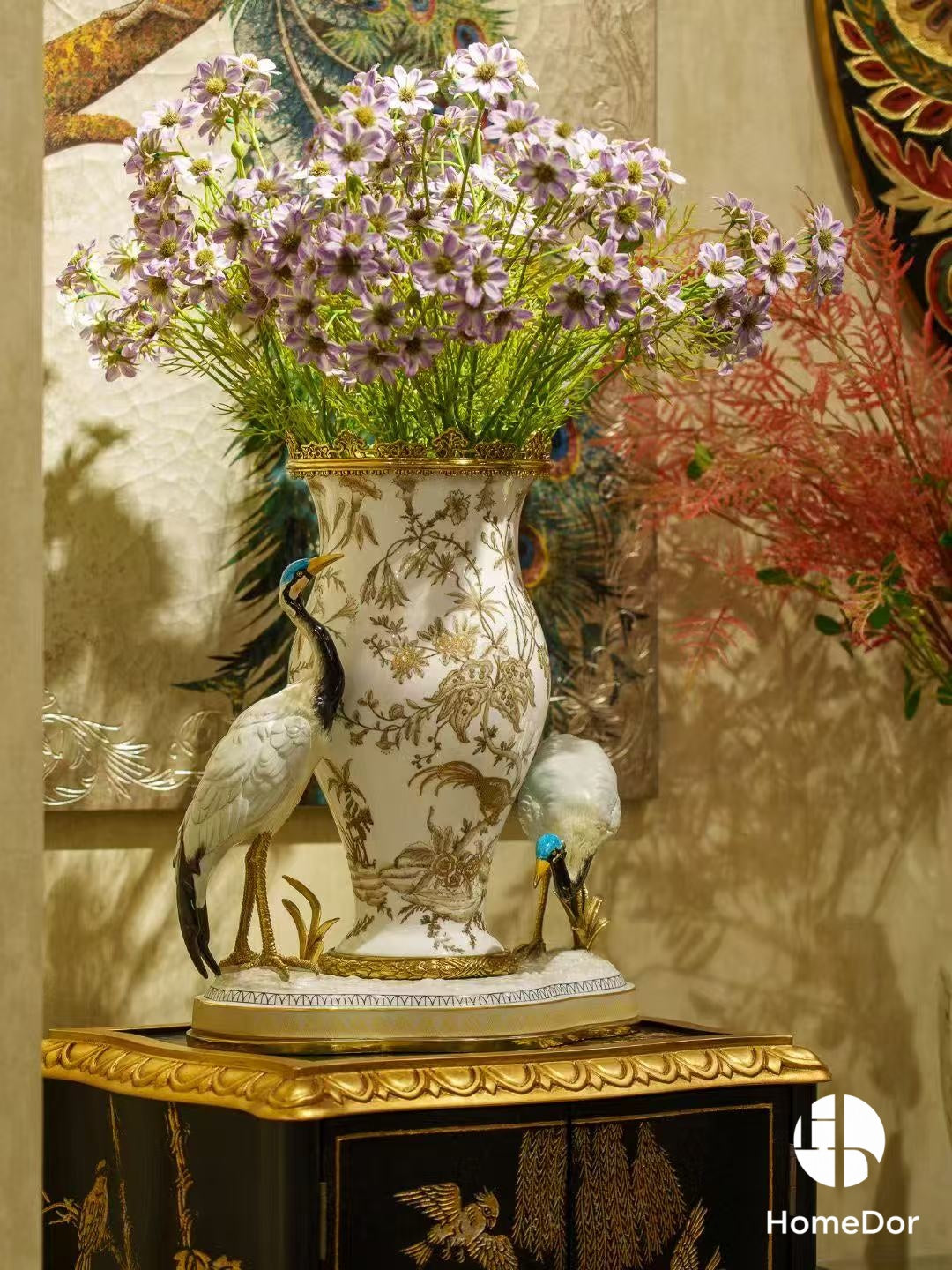 Oriental Inspired Porcelain Vase with Two Vivid Cranes & Brass Accents1