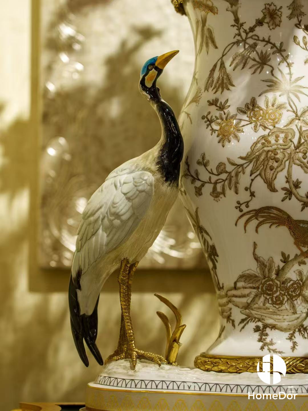 HomeDor-Oriental Inspired Porcelain Oriental Inspired Porcelain Vase with Two Vivid Cranes & Brass Accents2