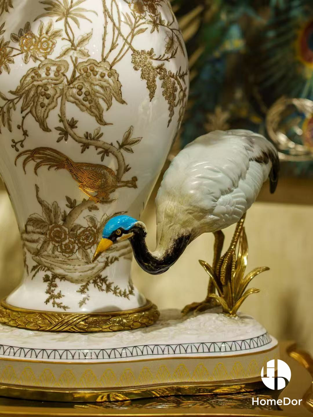 Oriental Inspired Porcelain Vase with Two Vivid Cranes & Brass Accents3