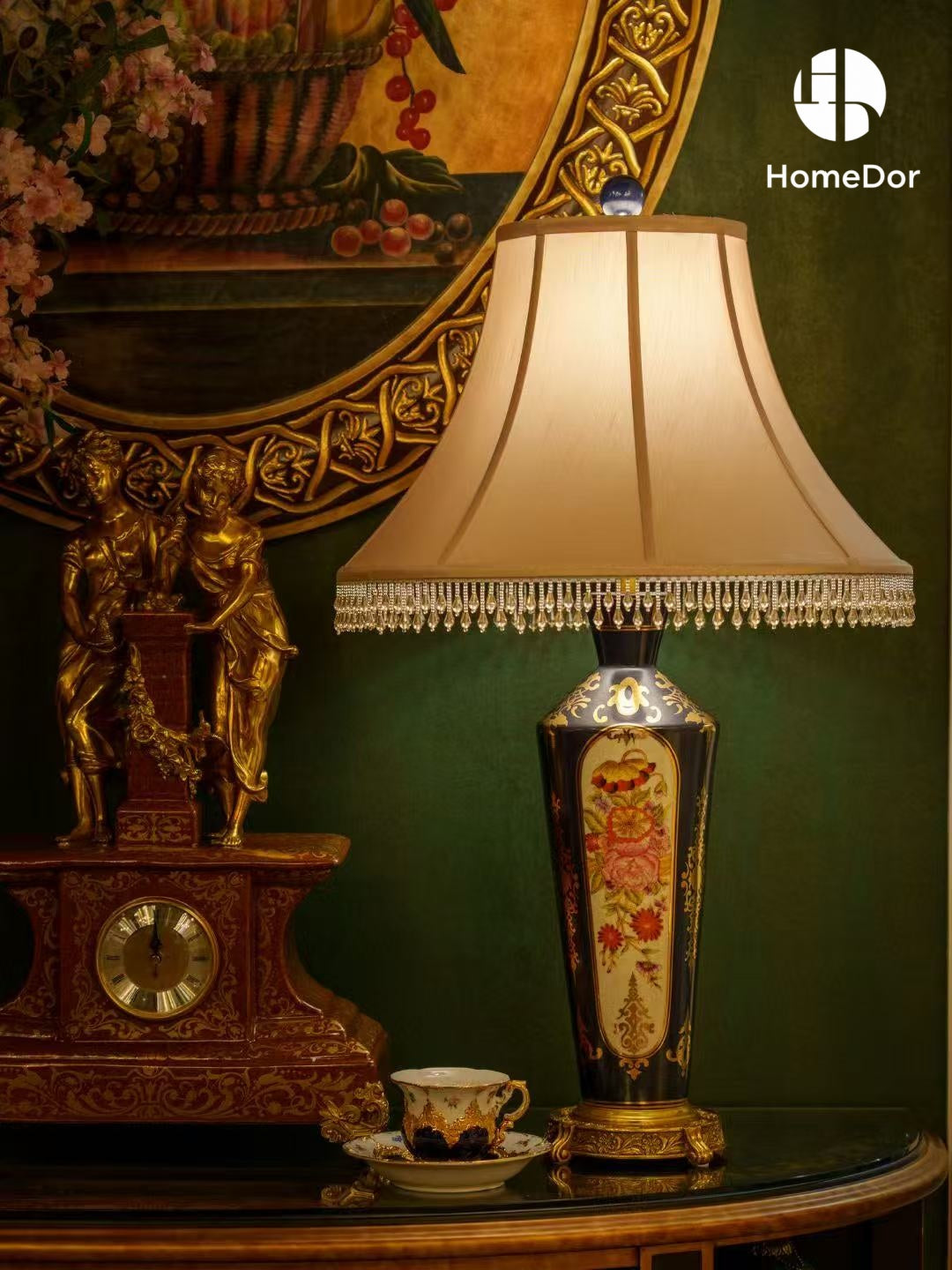 Ornate Floral Porcelain Brass Trimmed Table Lamp2