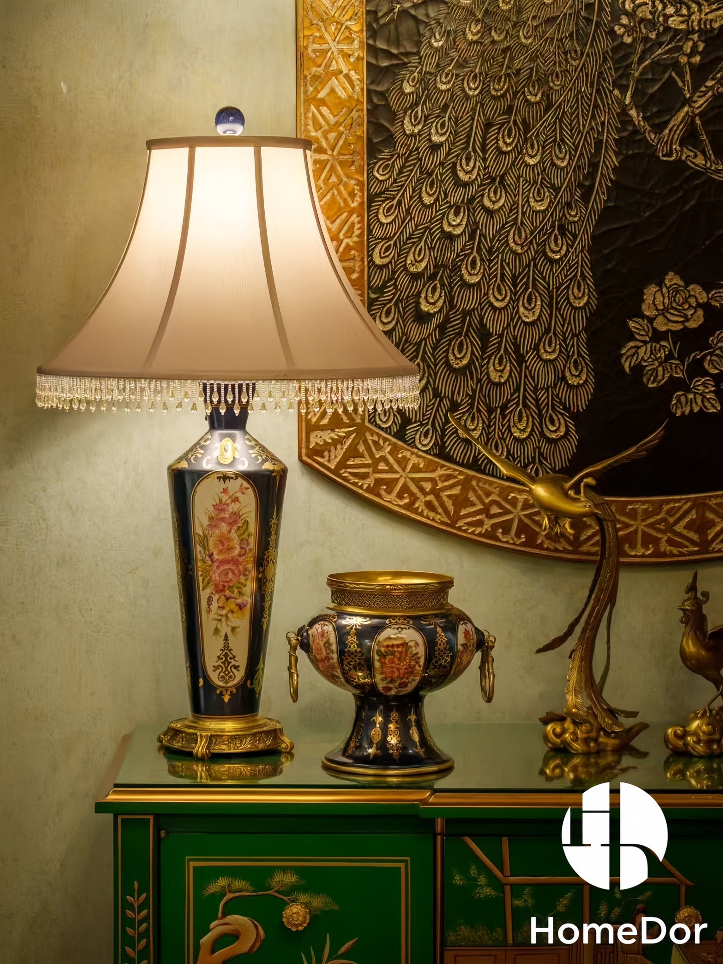 Ornate Floral Porcelain Brass Trimmed Table Lamp3