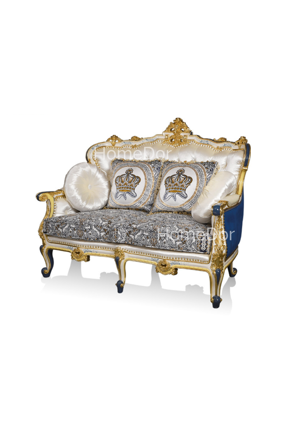 HomeDor × FH&Home | Royal Blue and Gold Carved Mahogany Sofa with Crown Embroidered Cushions