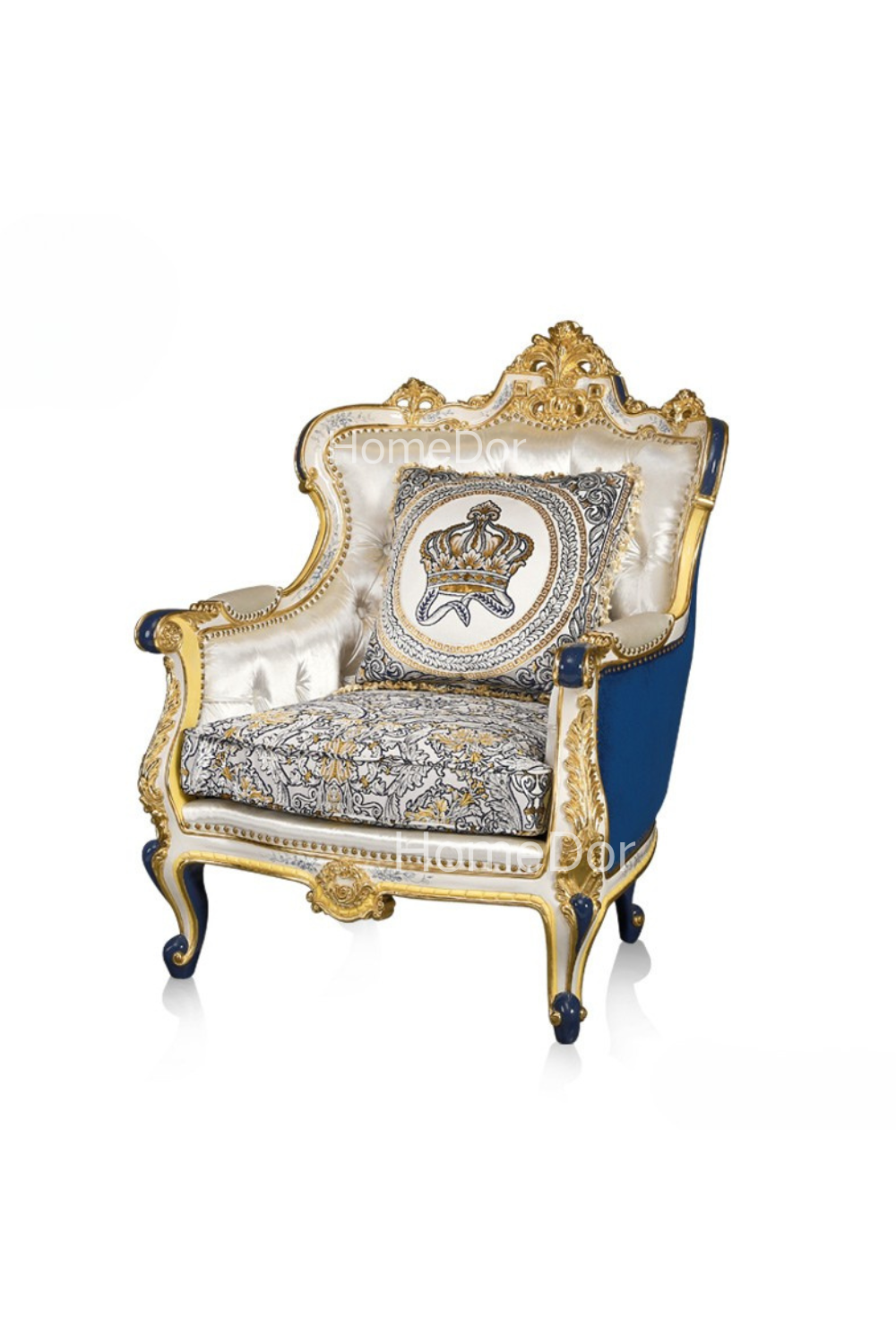 HomeDor × FH&Home | Royal Blue and Gold Carved Mahogany Sofa with Crown Embroidered Cushions