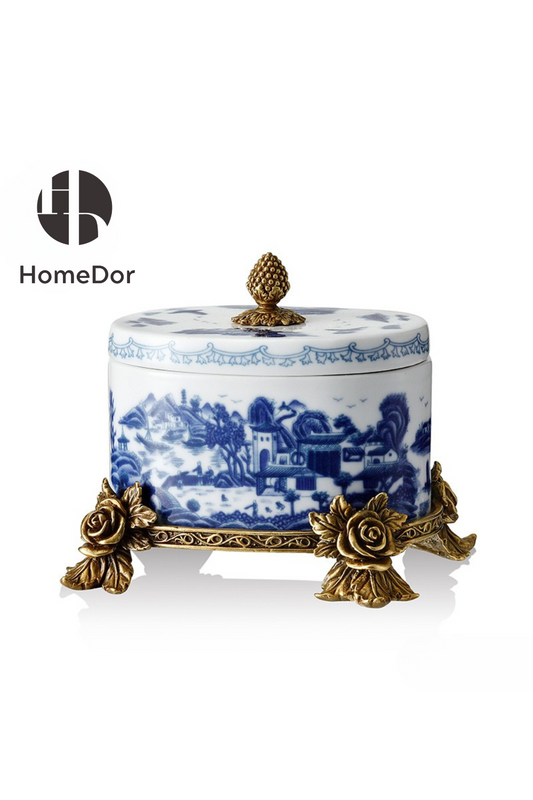HomeDor-HomeDor × FH&Home | Ornate Porcelain Decorative Canister with Copper-cast Floral Details-Decorative Canisters-L14cm × W12cm × H13cm-