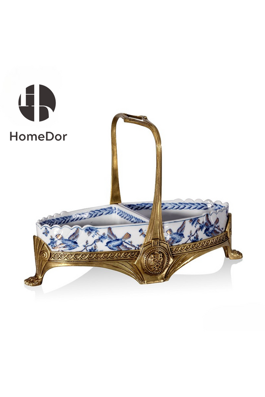 HomeDor-HomeDor × FH&Home | Classic Triangular Porcelain Fruit Platter with Brass Handle-Fruit Platter-L36cm × W17cm × H24cm-