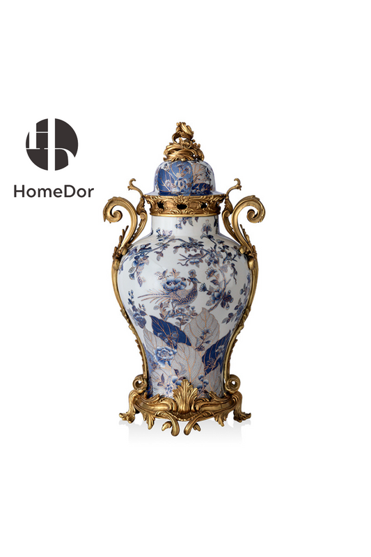 HomeDor-HomeDor × FH&Home | Baroque Porcelain Vase with Gold Carvings-Vases & Vessels-L36cm × W30cm × H68cm-