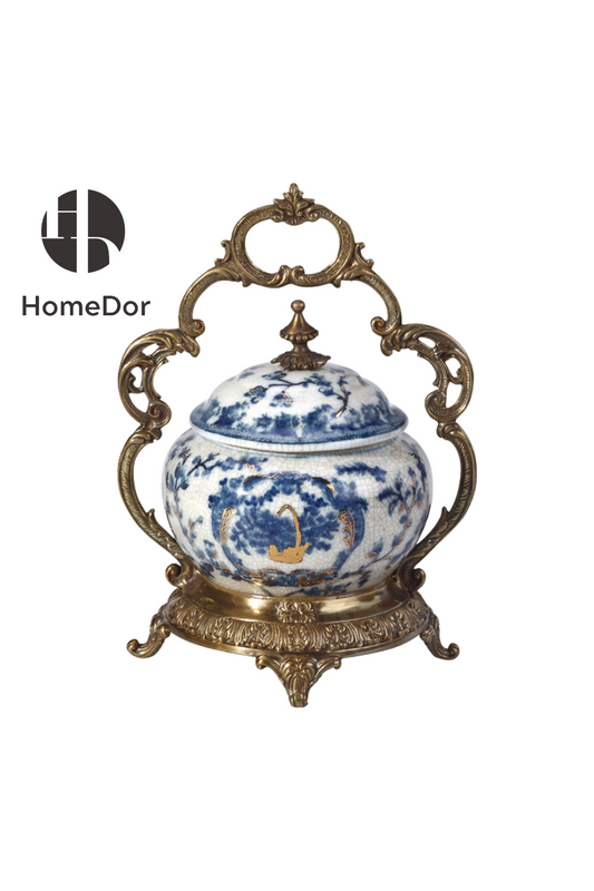 HomeDor-HomeDor × FH&Home | Exquisite Blue-and-White Porcelain Urn with Brass Handles and Lid-Decorative Canisters-L16cm × W15cm × H24cm-