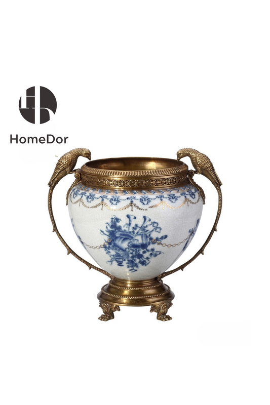 HomeDor-HomeDor × FH&Home | Exquisite Blue-and-White Porcelain Vase with Brass Bird Handles-Vases & Vessels-L33cm × W25cm × H33cm-