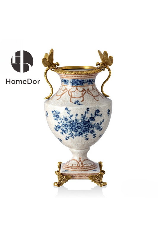 HomeDor-HomeDor × FH&Home | Exquisite Porcelain Vase with Brass Dragonfly Handles-L24cm × W24cm × H45cm-