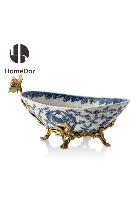 HomeDor-HomeDor × FH&Home | Opulent Classical Blue-and-White Bowl with Brass Butterfly-L40cm × W20cm × H20cm-