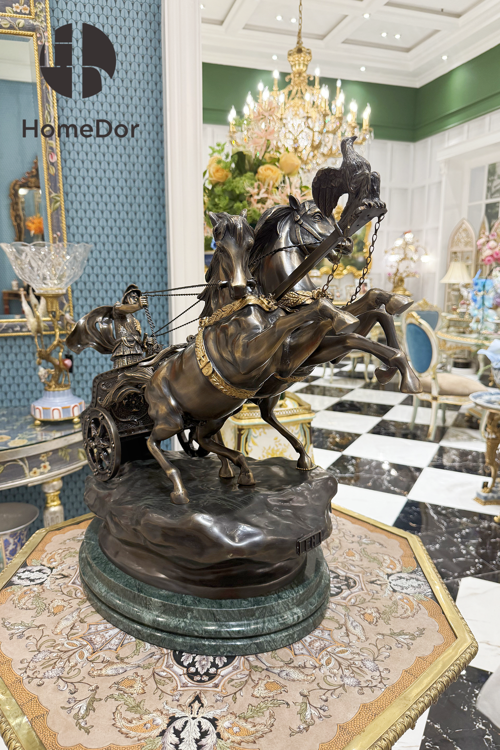 HomeDor × FH&Home | Bronze Chariot Sculpture with Galloping Horses and Detailed Charioteer