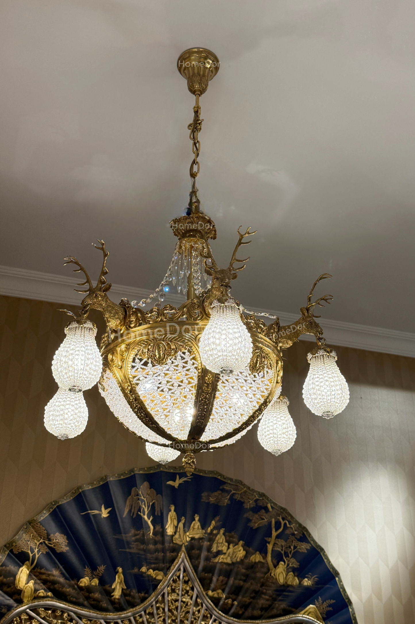 HomeDor-HomeDor × FH&Home | Baroque Revival Brass Deer Head Crystal Lantern Chandelier-Chandeliers-D75cm × H72cm-Warm Light-