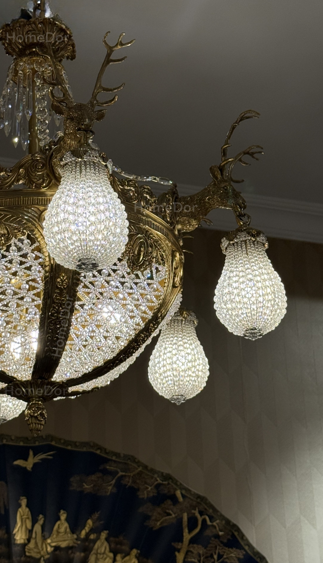 HomeDor-HomeDor × FH&Home | Baroque Revival Brass Deer Head Crystal Lantern Chandelier-Chandeliers-D75cm × H72cm-Warm Light-