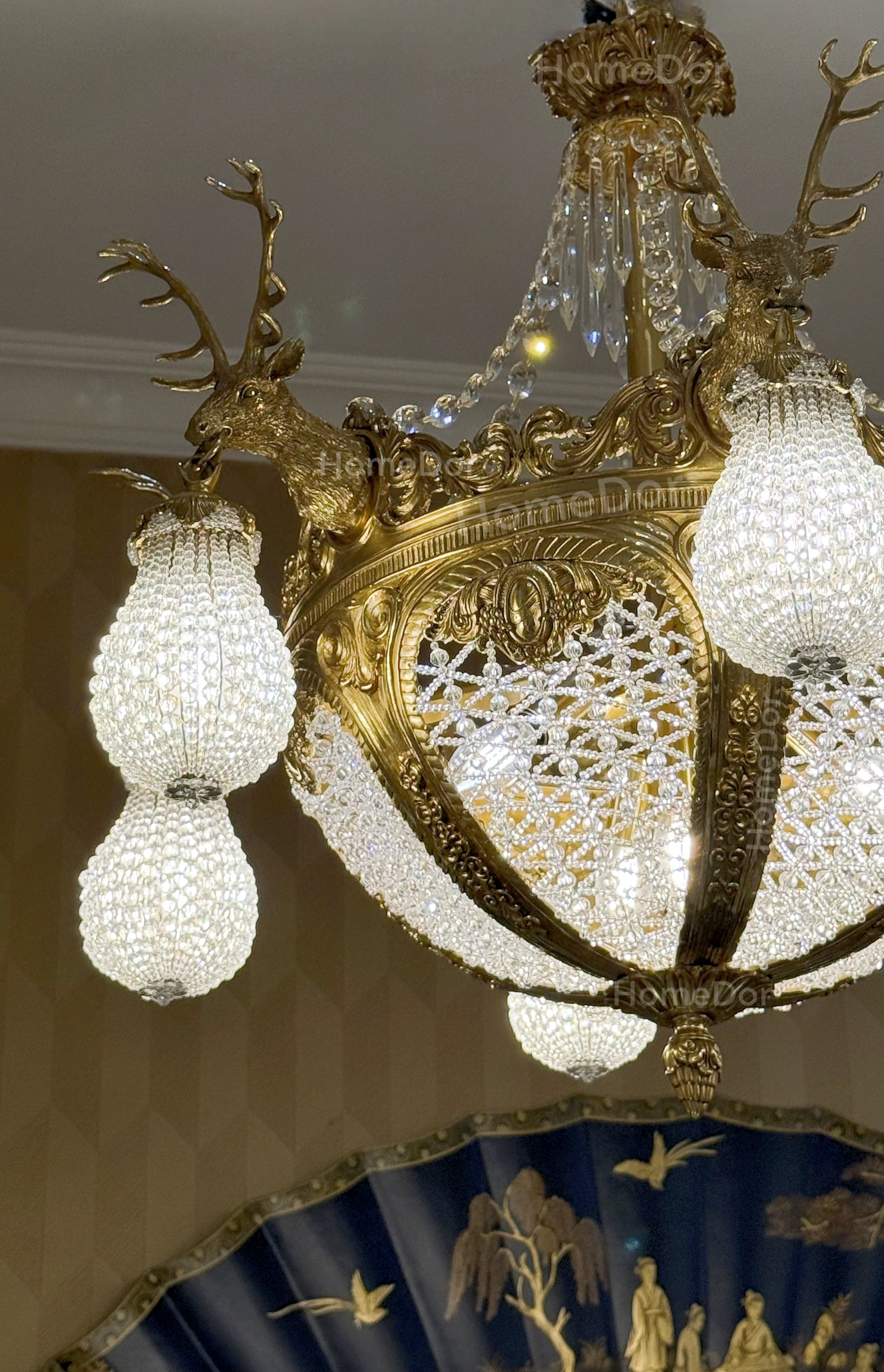 HomeDor-HomeDor × FH&Home | Baroque Revival Brass Deer Head Crystal Lantern Chandelier-Chandeliers-D75cm × H72cm-Warm Light-