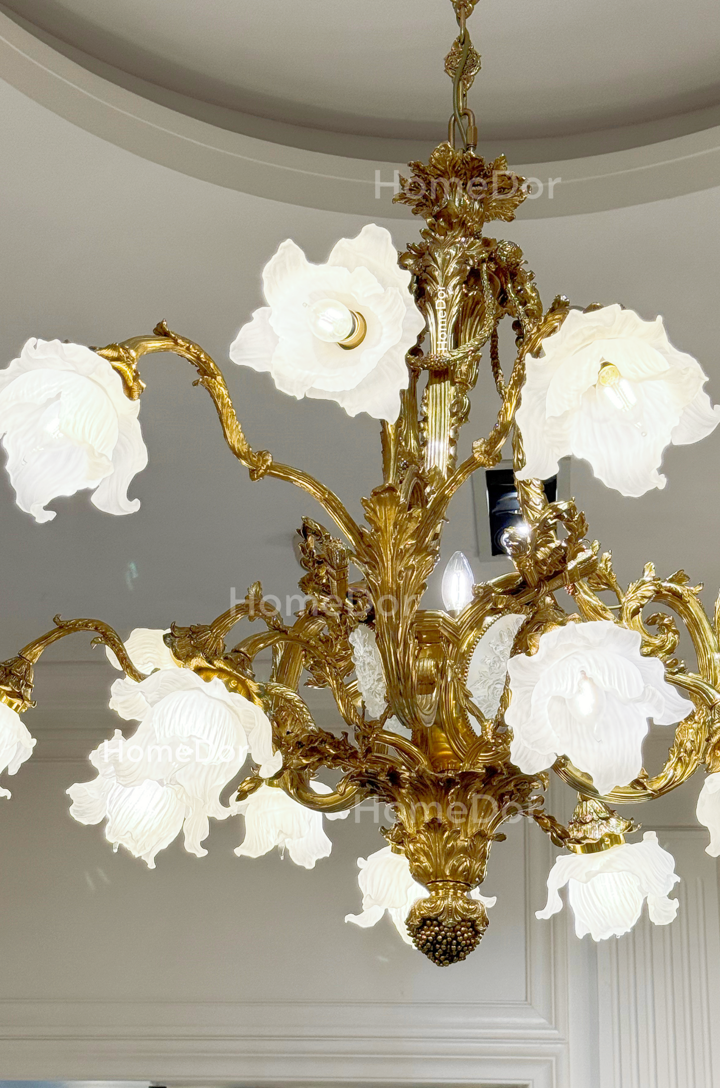 HomeDor × FH&Home | Grand Rococo Brass Chandelier with Frosted Glass Floral Shades