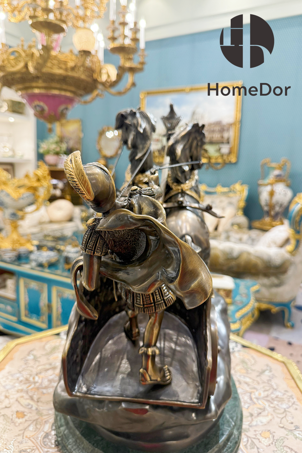 HomeDor × FH&Home | Bronze Chariot Sculpture with Galloping Horses and Detailed Charioteer