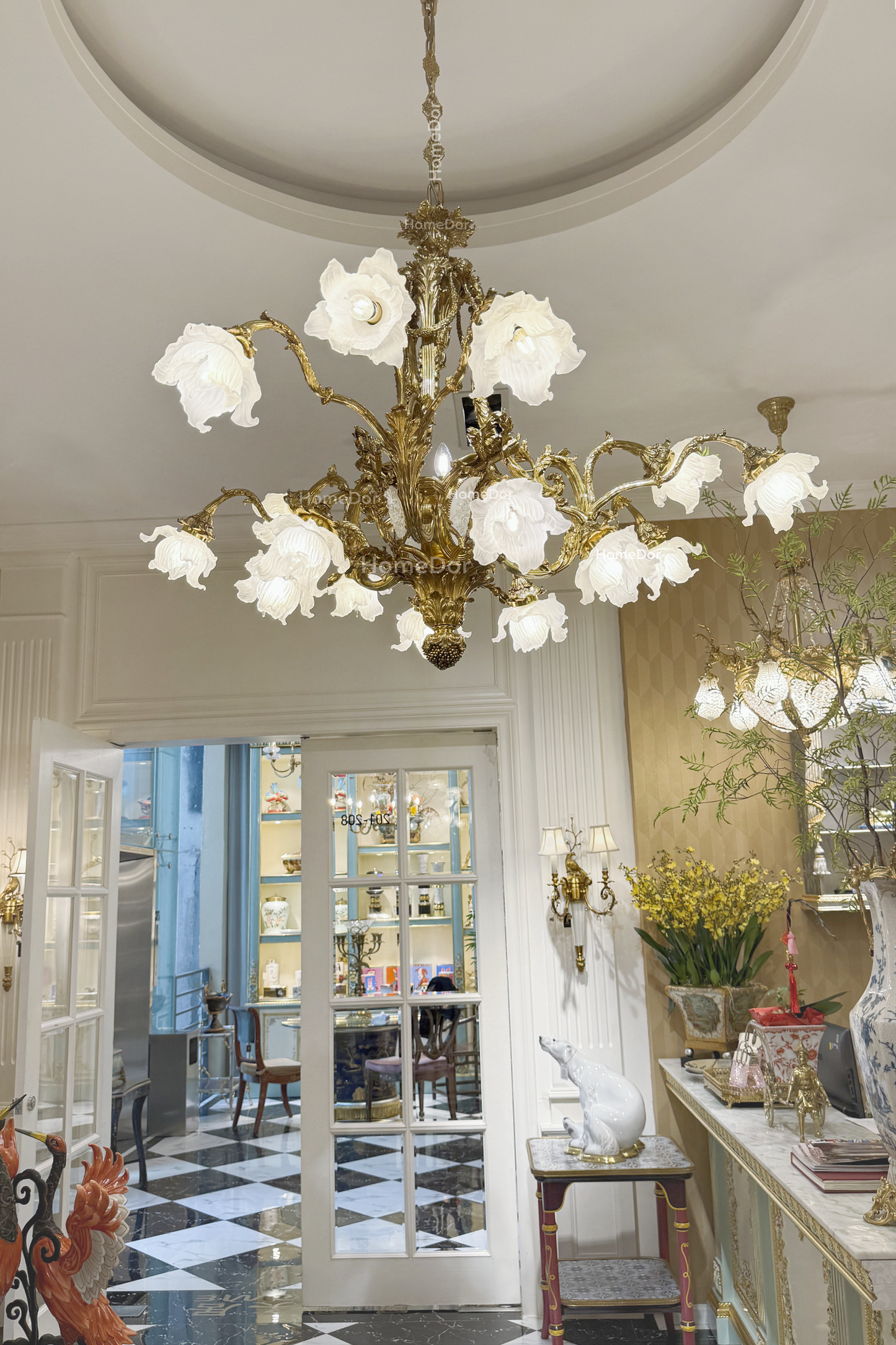HomeDor × FH&Home | Grand Rococo Brass Chandelier with Frosted Glass Floral Shades