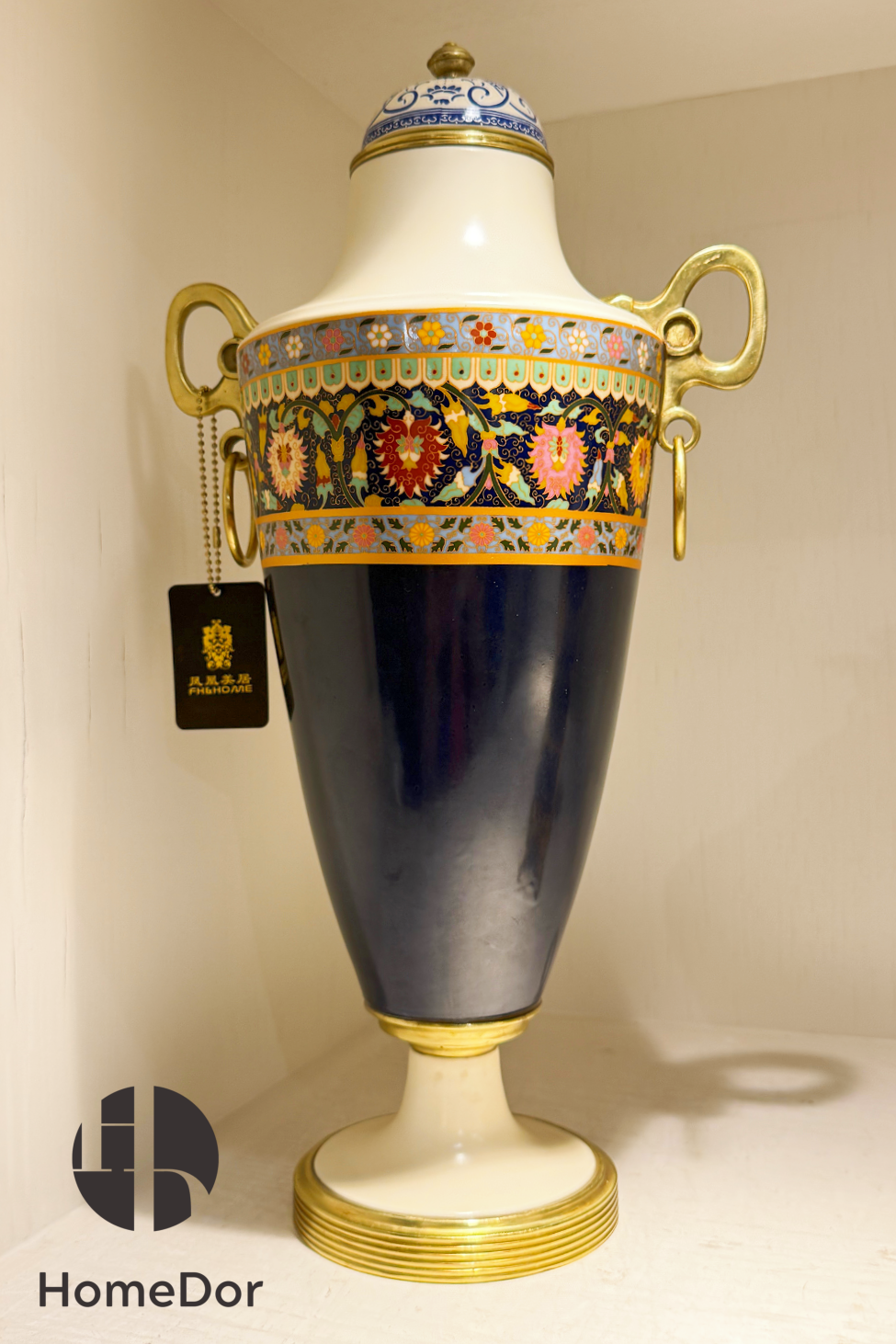 HomeDor-HomeDor × FH&Home | Ceramic Urn with Lid with Brass Handles & Intricate Geometric Patterns-Navy Blue/L25cm × W18cm × H44cm-