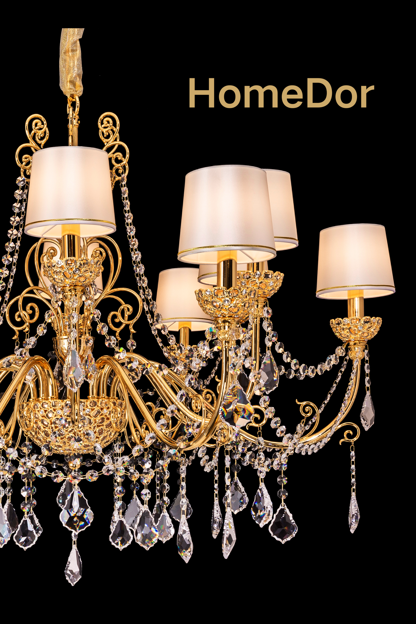 HomeDor-HomeDor Rococo Style 24K Color Luxury Brass Chandelier Set Crystal Light Fixture for Dining Room-Chandeliers-6 Lights/With Lampshades/D75cm*H82cm-Warm Light-