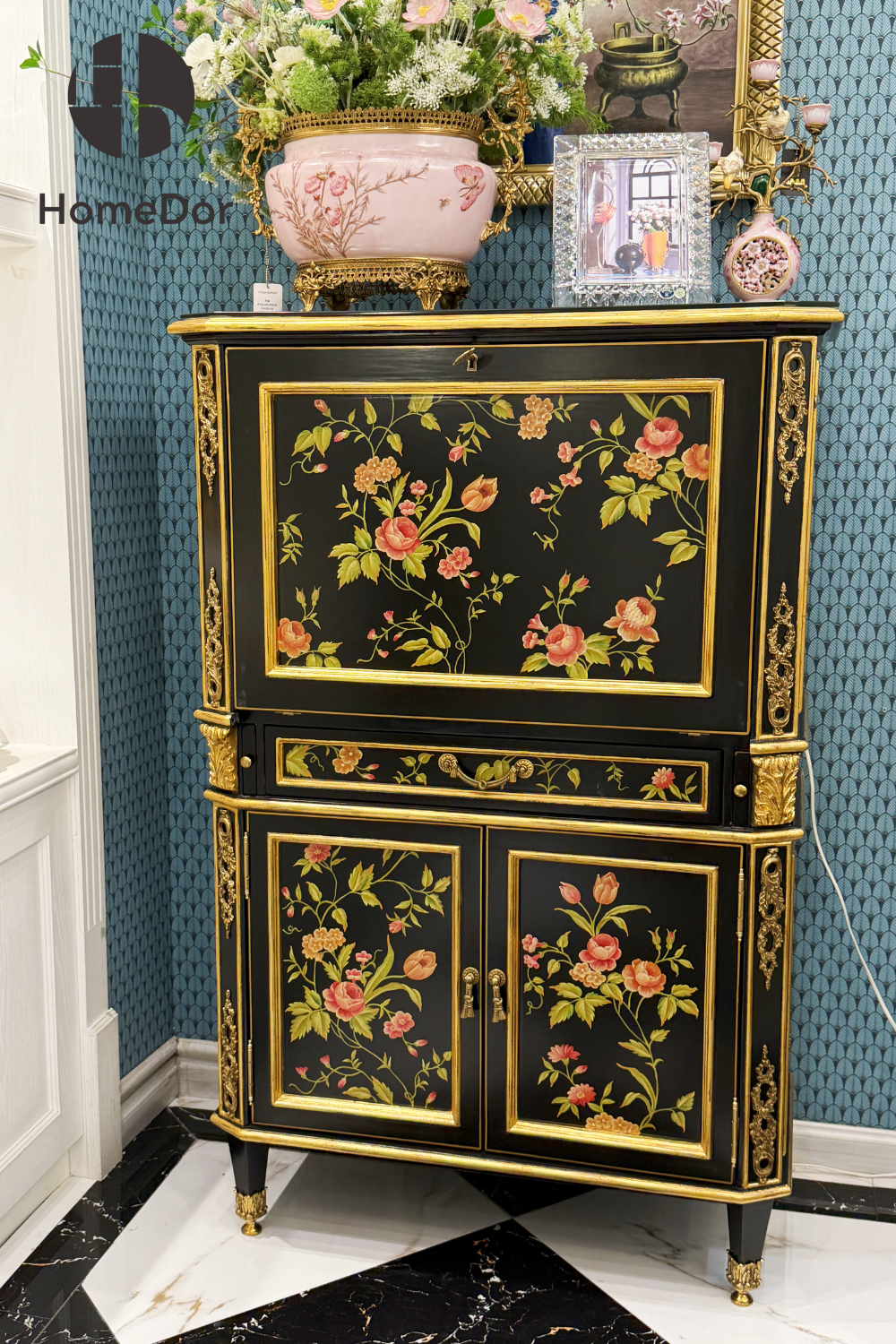 HomeDor-HomeDor × FH&Home | Vintage-Inspired Black Cabinet with Ornate Floral Decoration and Gold Trimmings-Cabinets-L85cm × W44cm × H131cm-