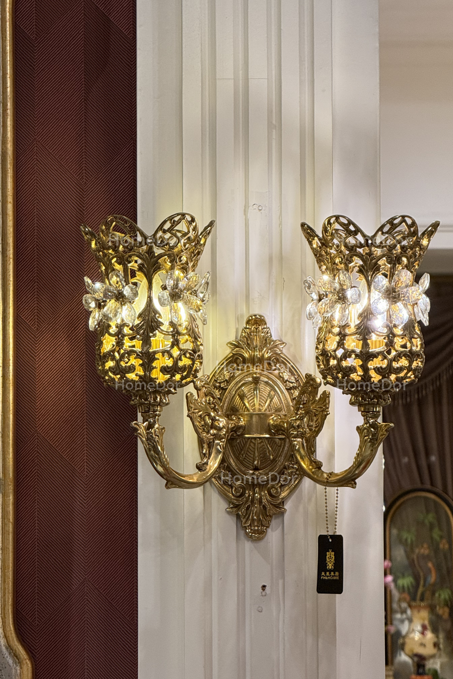 HomeDor-HomeDor × FH&Home | Rococo Crystal Flower Brass Wall Sconce-Wall Sconce-L33 × W23 × H37 cm-Warm Light-