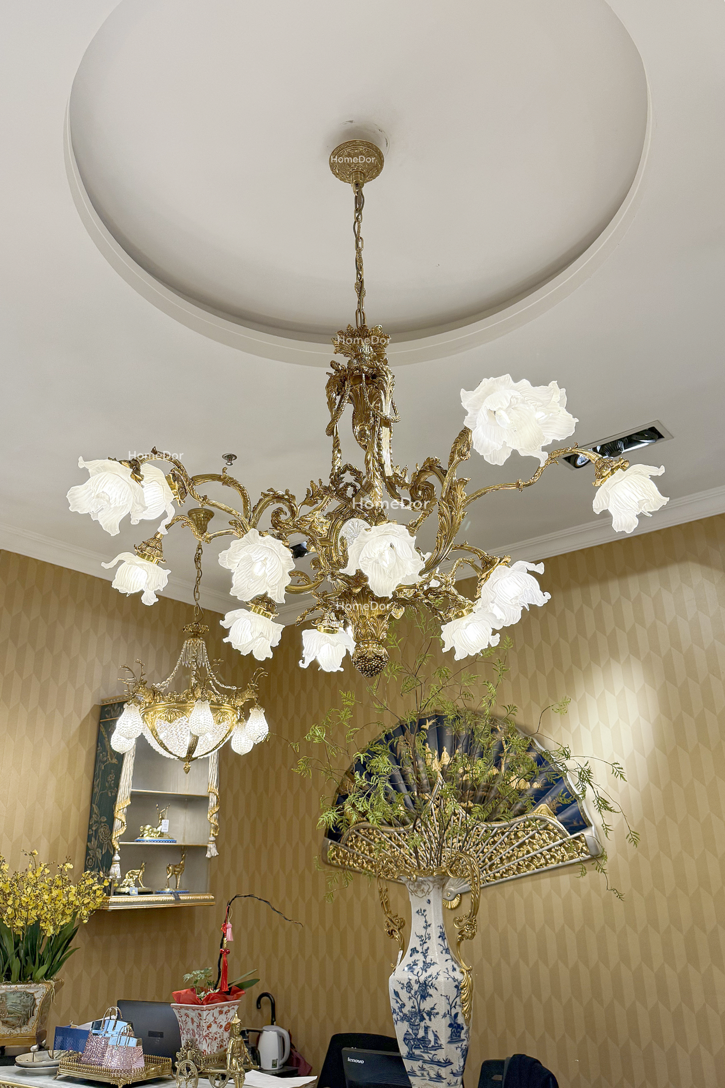 HomeDor × FH&Home | Grand Rococo Brass Chandelier with Frosted Glass Floral Shades