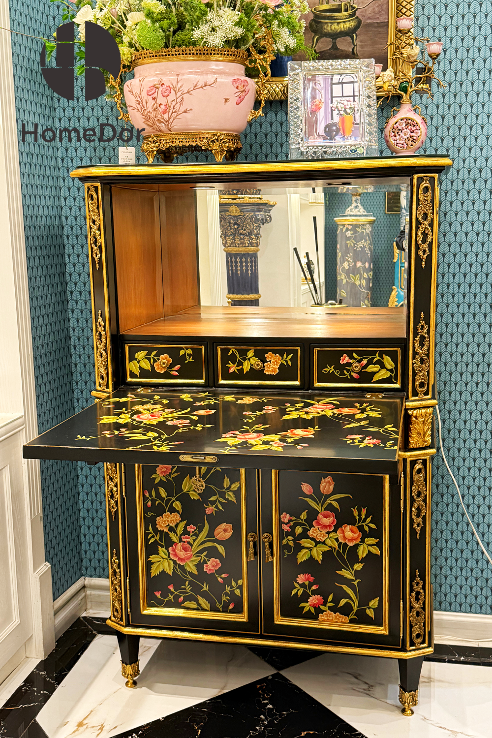 HomeDor-HomeDor × FH&Home | Vintage-Inspired Black Cabinet with Ornate Floral Decoration and Gold Trimmings-Cabinets-L85cm × W44cm × H131cm-