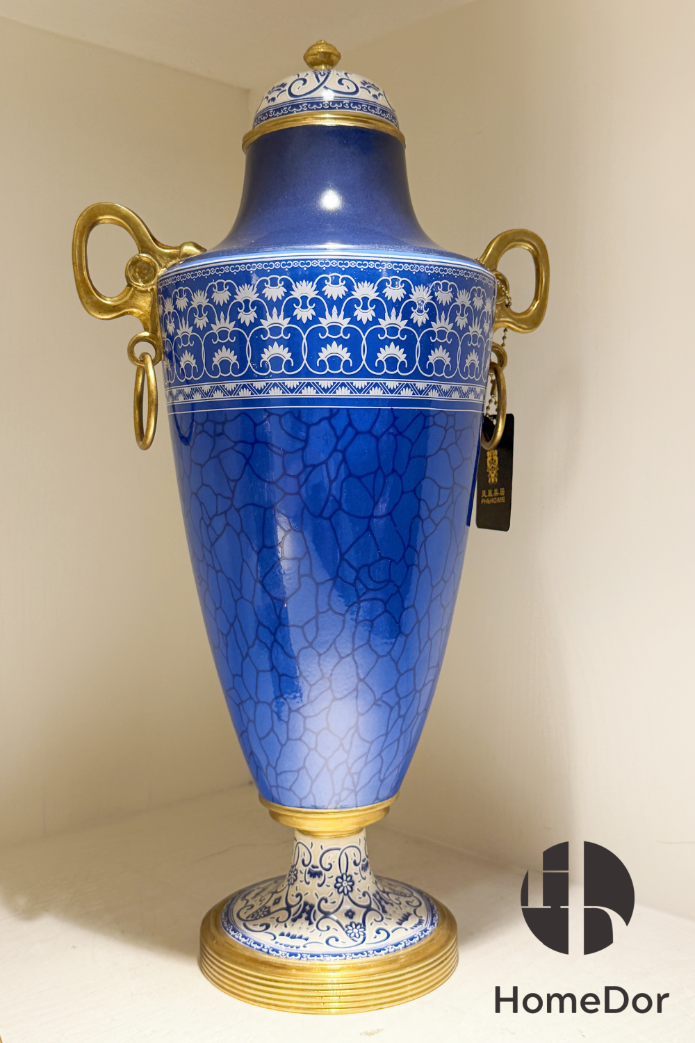 HomeDor-HomeDor × FH&Home | Ceramic Urn with Lid with Brass Handles & Intricate Geometric Patterns-Navy Blue/L25cm × W18cm × H44cm-
