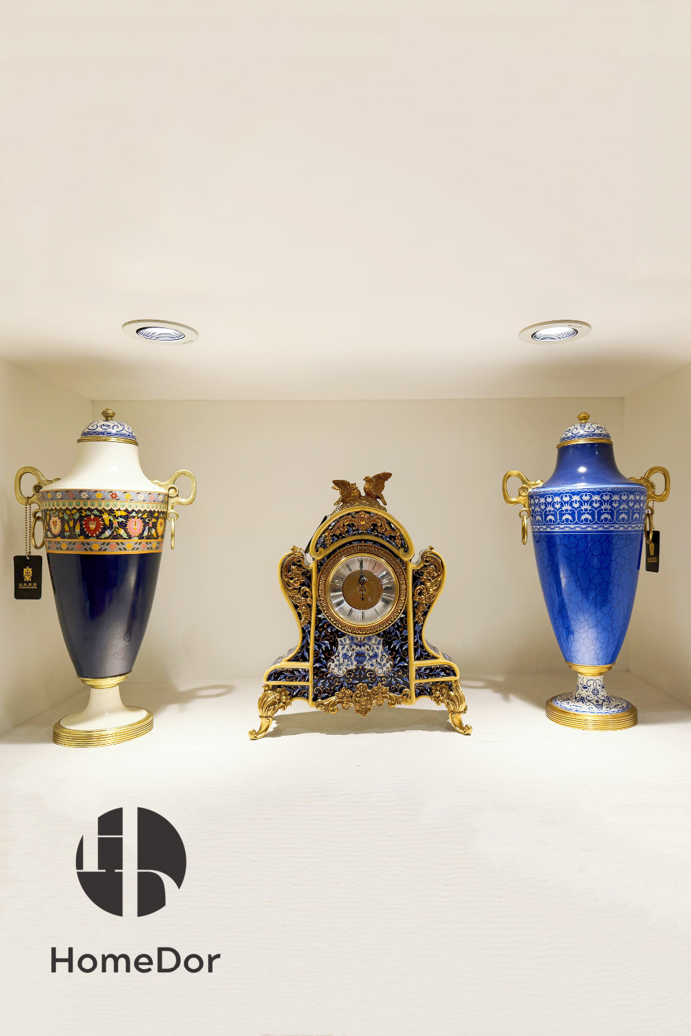 HomeDor-HomeDor × FH&Home | Ceramic Urn with Lid with Brass Handles & Intricate Geometric Patterns-Navy Blue/L25cm × W18cm × H44cm-