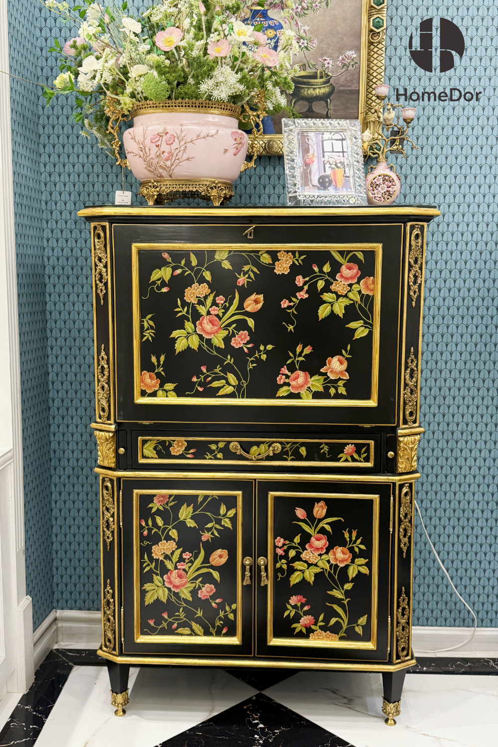 HomeDor-HomeDor × FH&Home | Vintage-Inspired Black Cabinet with Ornate Floral Decoration and Gold Trimmings-Cabinets-L85cm × W44cm × H131cm-