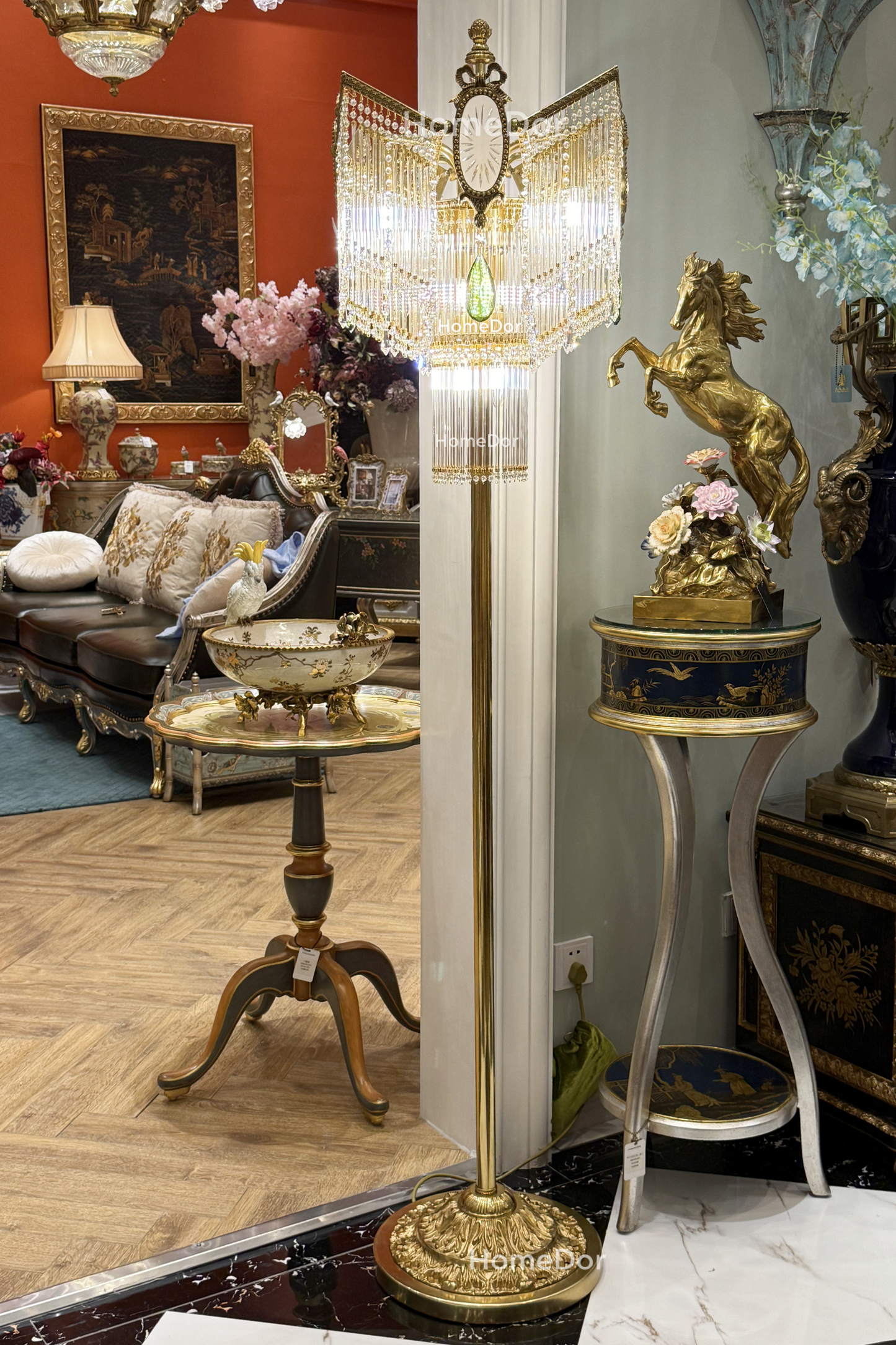 HomeDor × FH&Home | European Opulence Crystal Tassel Vintage Brass Floor Lamp