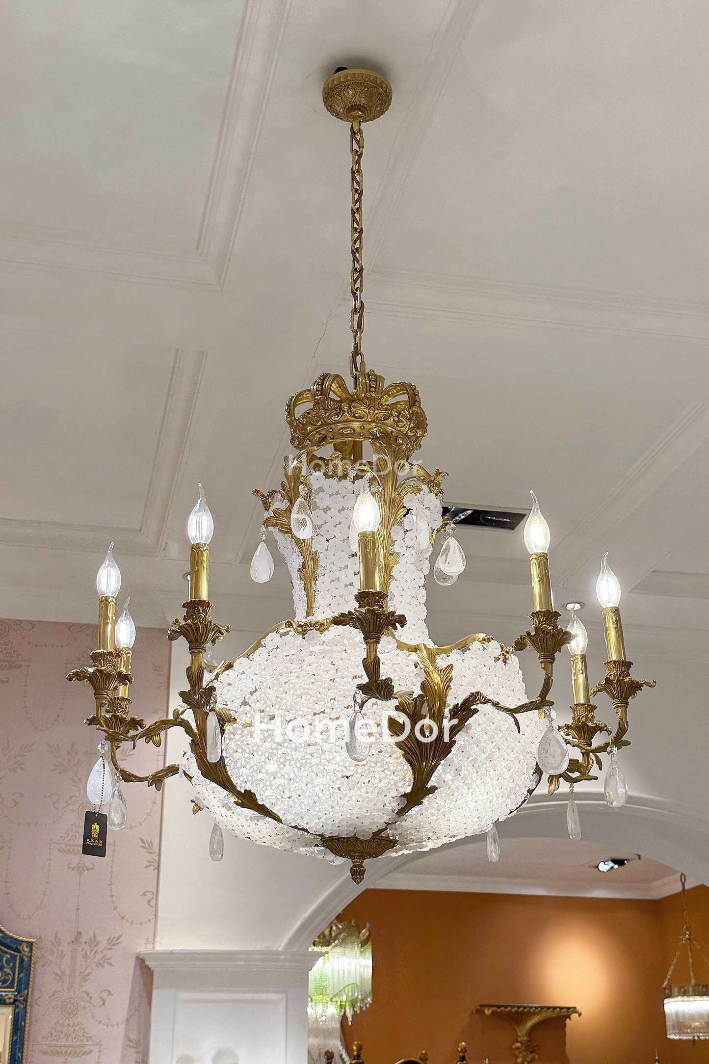 HomeDor x FH&Home | Elegant Frosted Acrylic & Brass Crown Chandelier