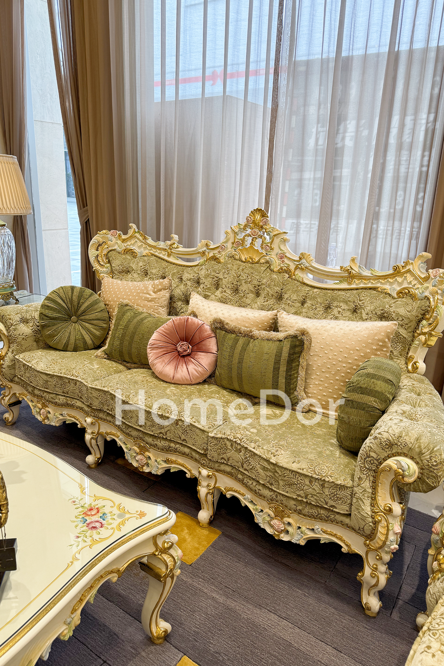 HomeDor × FH&Home | Royal French Rose Mahogany Fairy Green Sofa with Artisan Carving