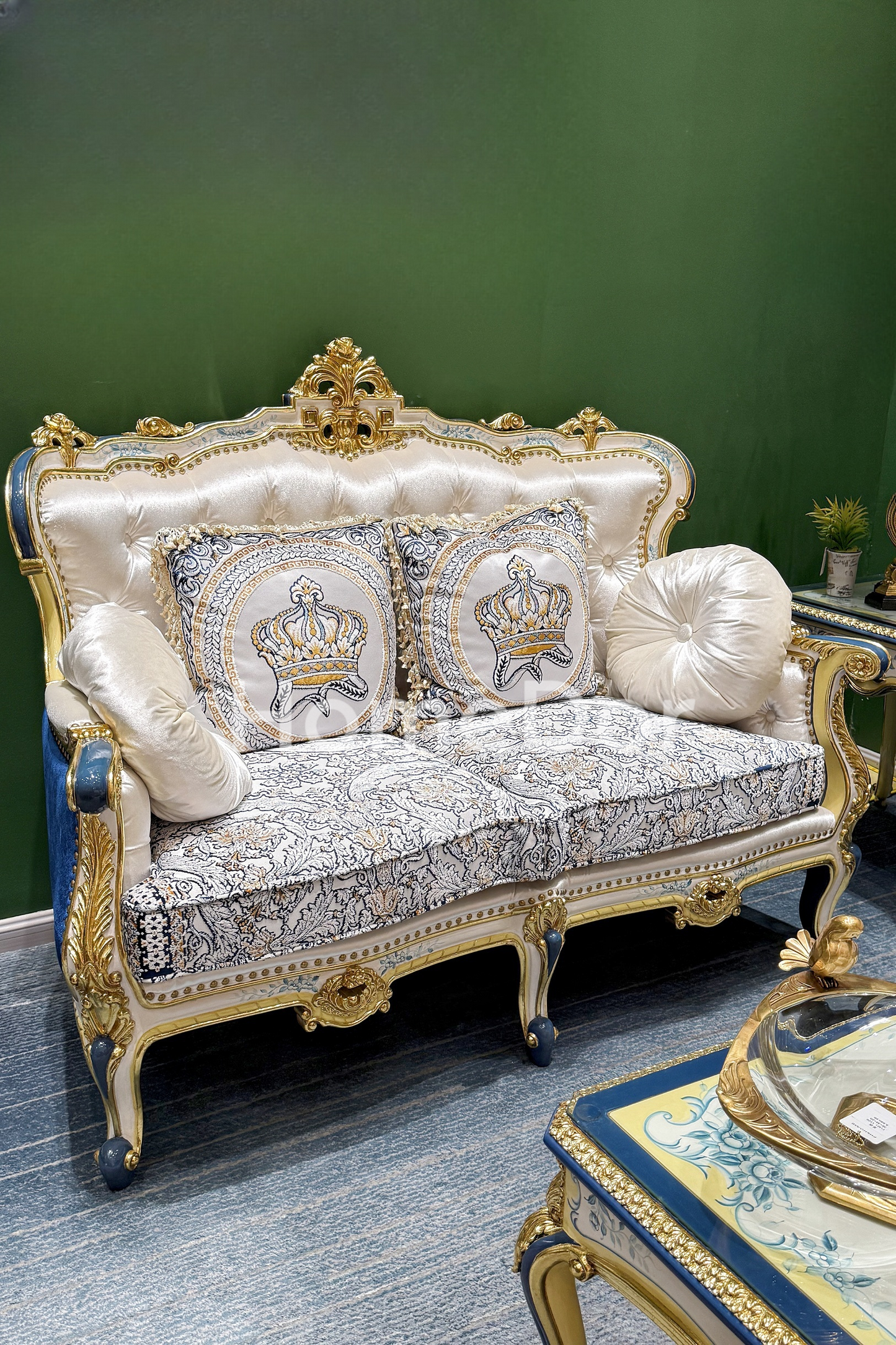 HomeDor × FH&Home | Royal Blue and Gold Carved Mahogany Sofa with Crown Embroidered Cushions