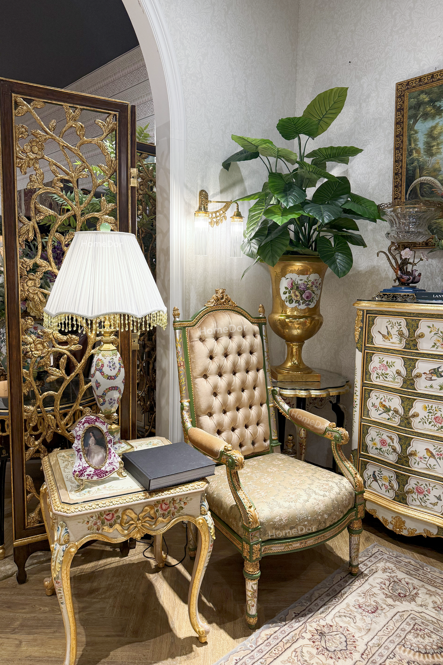 HomeDor-HomeDor × FH&Home | Elegant Chinese Porcelain-Inspired Gold Bow Coffee Table/End Table-Coffee Tables-End Table/Style A/L55cm × W55cm × H62cm-
