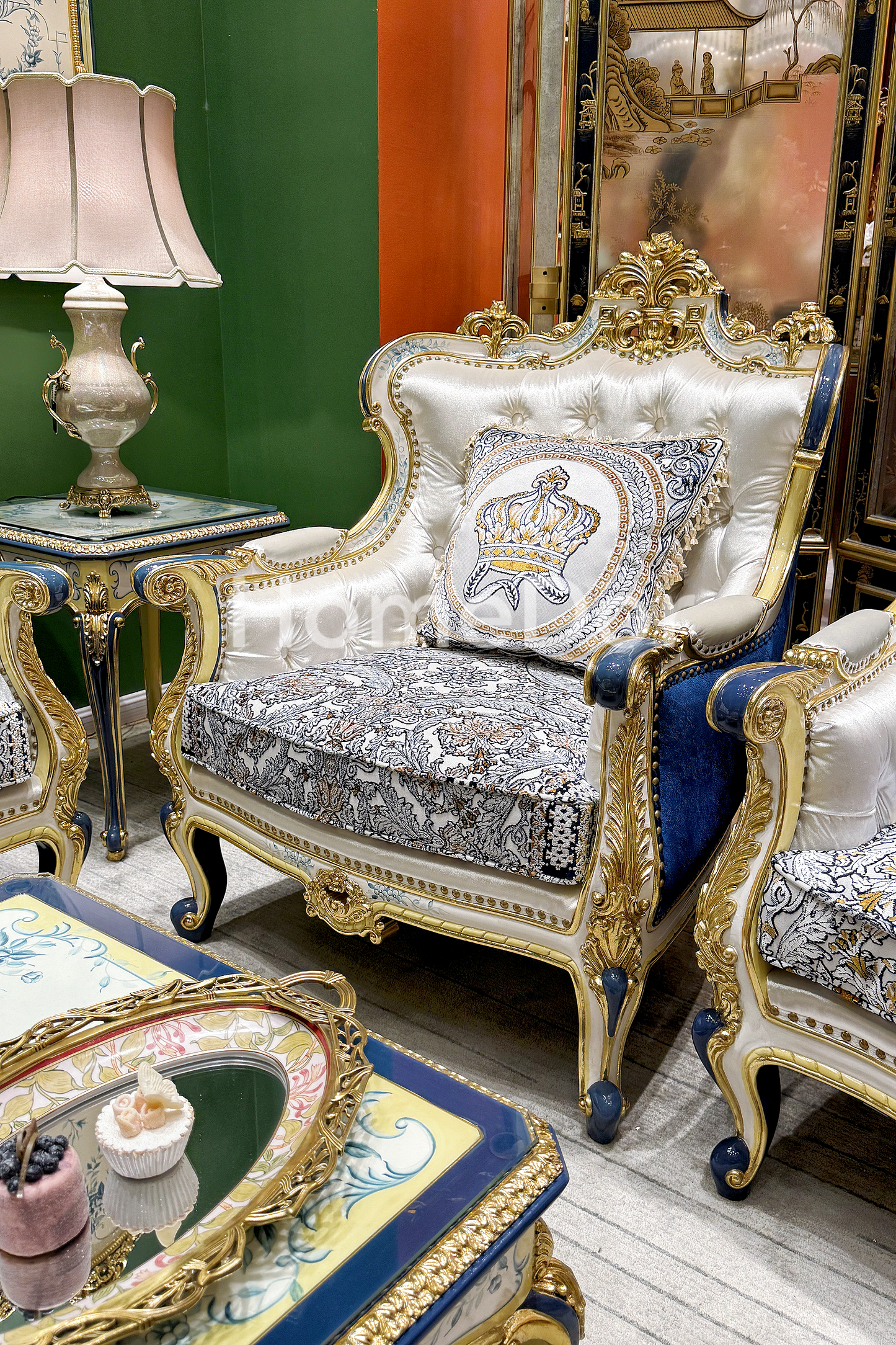 HomeDor × FH&Home | Royal Blue and Gold Carved Mahogany Sofa with Crown Embroidered Cushions