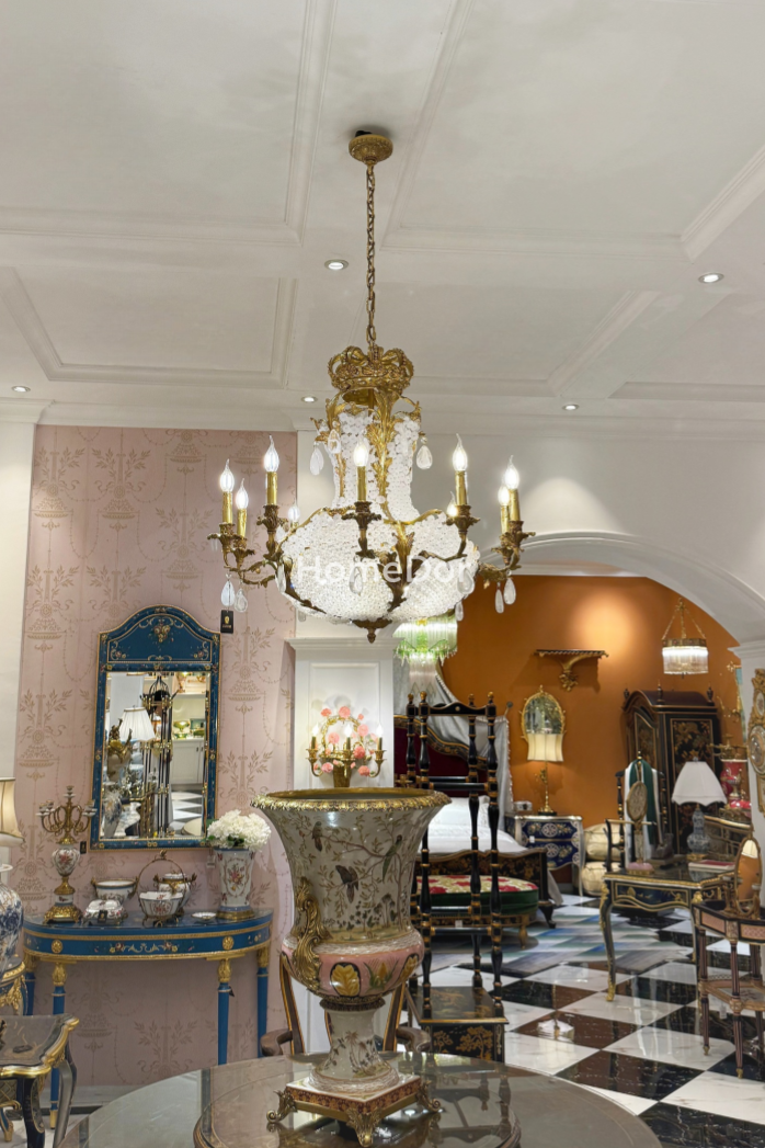 HomeDor x FH&Home | Elegant Frosted Acrylic & Brass Crown Chandelier