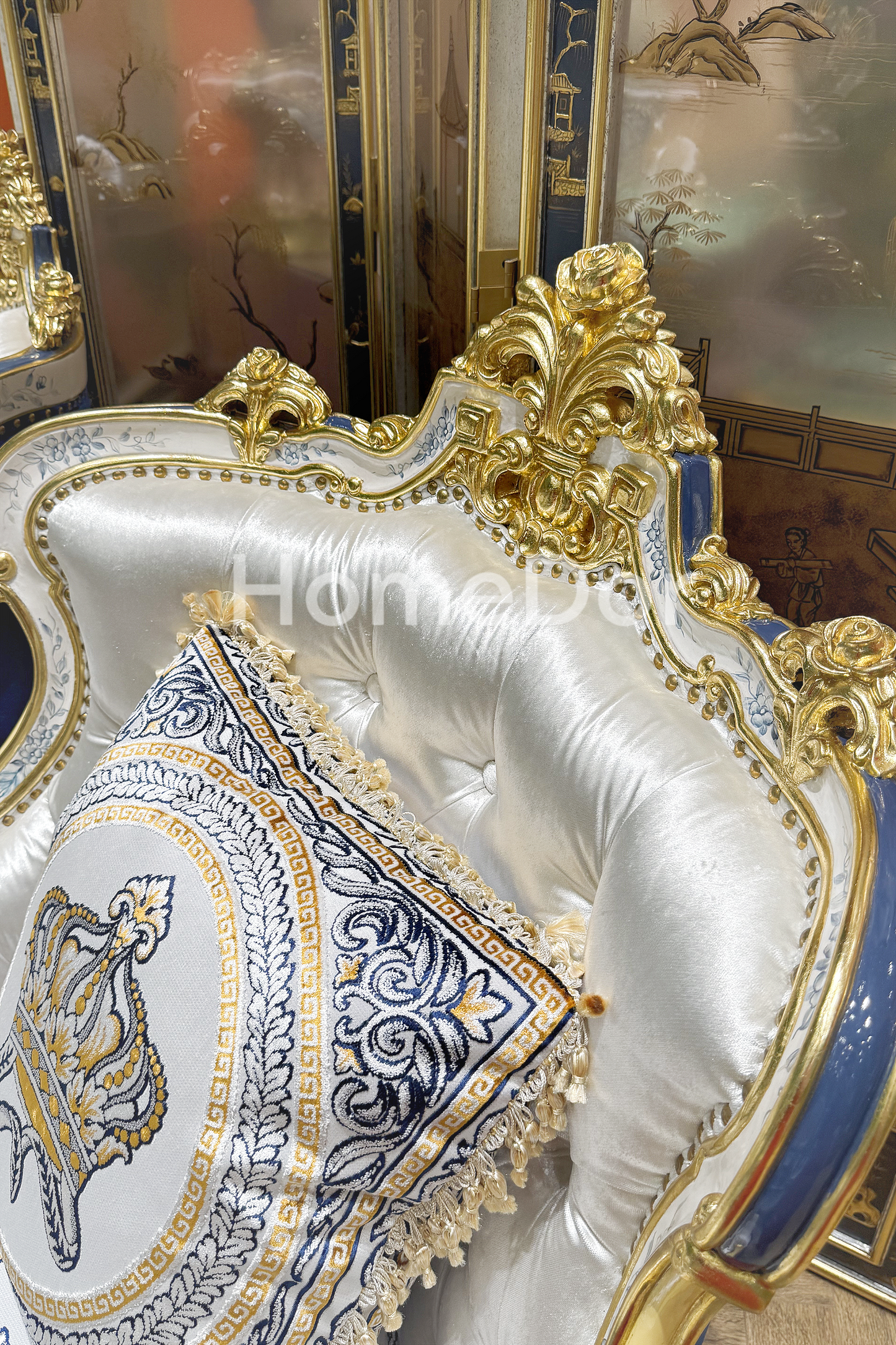 HomeDor × FH&Home | Royal Blue and Gold Carved Mahogany Sofa with Crown Embroidered Cushions