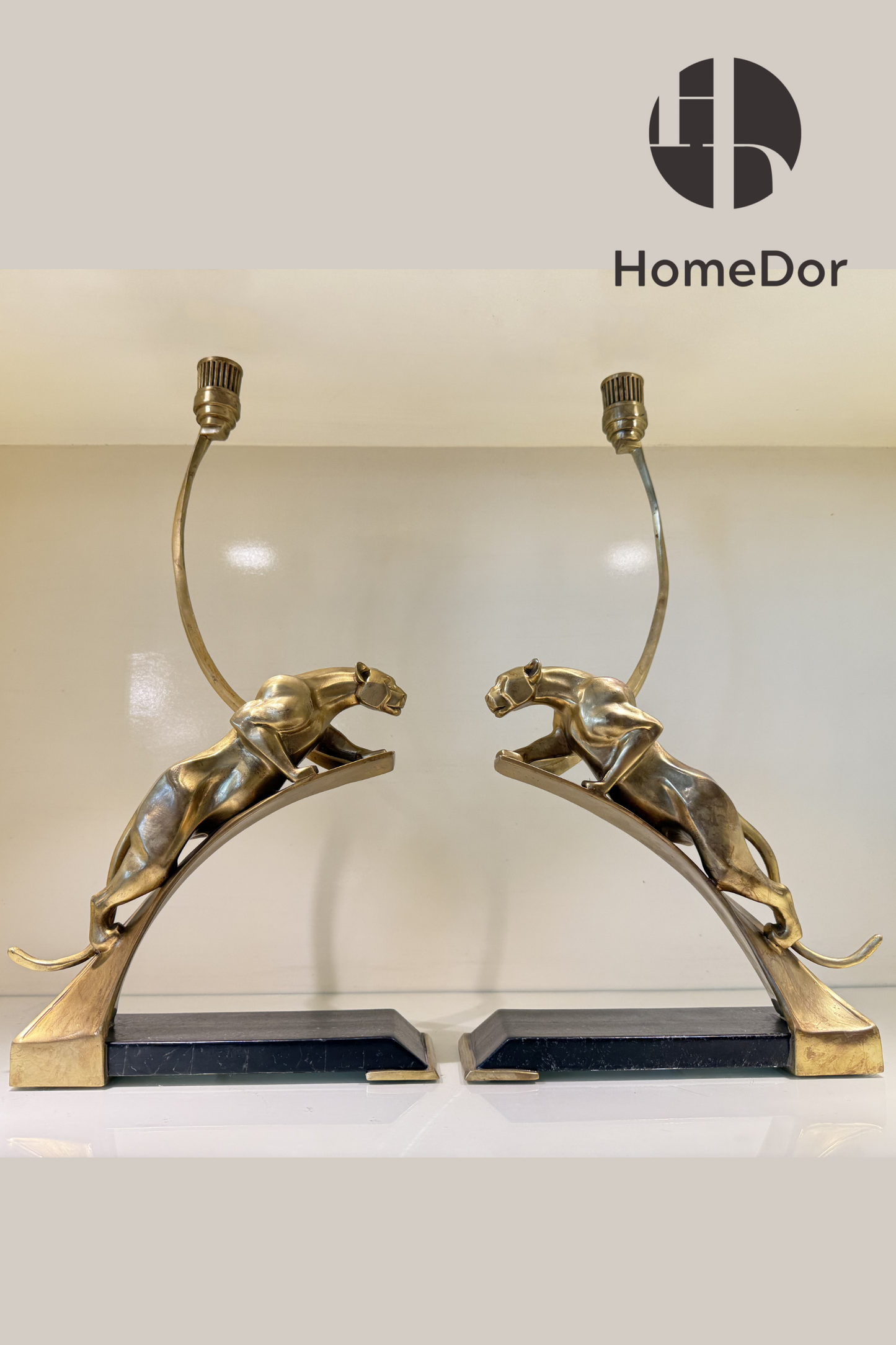 HomeDor-HomeDor × FH&Home | Elegant Modern Classical Copper Bookend Candle Holders with Leaping Panther Sculptures-Candelabras-L23cm × W9cm × H48cm-