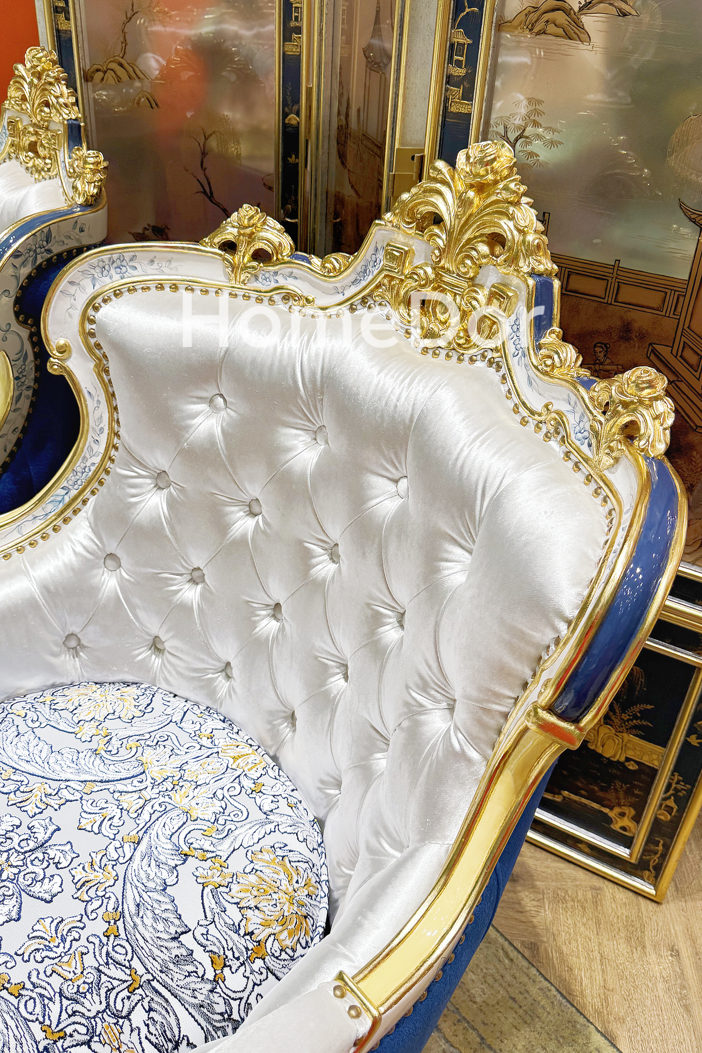 HomeDor × FH&Home | Royal Blue and Gold Carved Mahogany Sofa with Crown Embroidered Cushions
