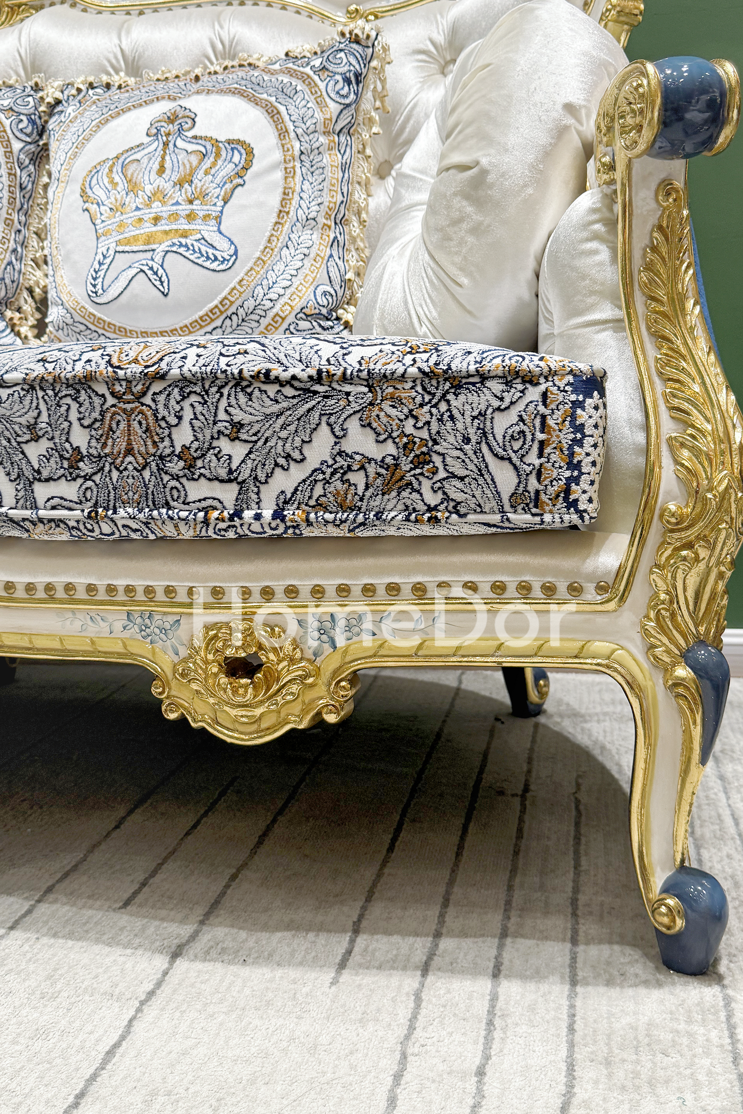 HomeDor × FH&Home | Royal Blue and Gold Carved Mahogany Sofa with Crown Embroidered Cushions