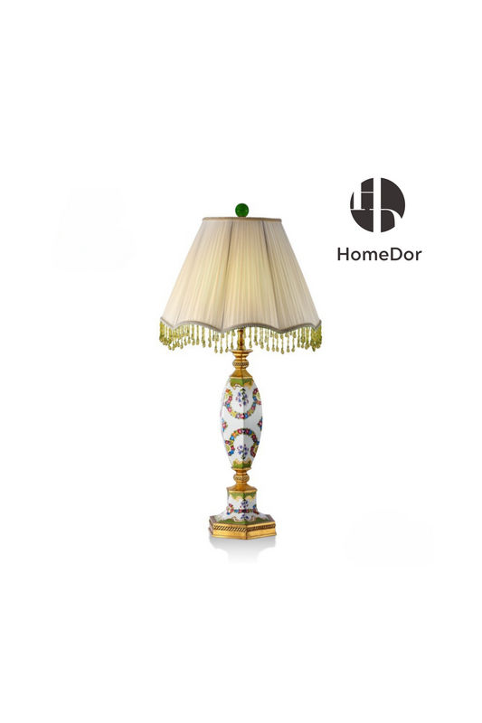HomeDor-HomeDor × FH&Home | Graceful Ceramic Table Lamp with Pleated Fringe Shade-Table Lamps-D44 × H90 cm-Warm Light-