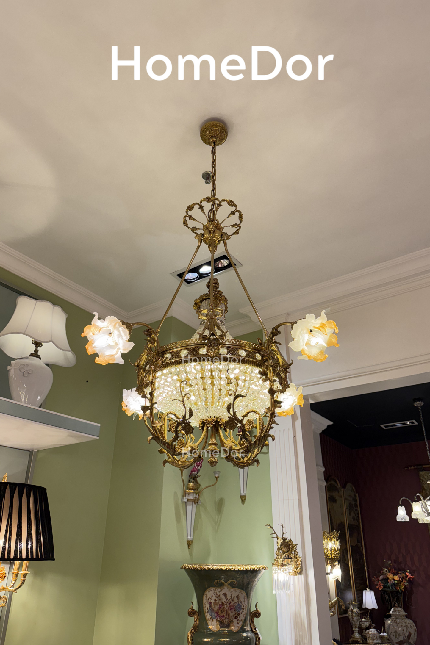 HomeDor-HomeDor × FH&Home | Baroque Floral Glass Chandelier with Exquisite Brass Carved Vines-Chandeliers-D102 × H108cm-Warm Light-