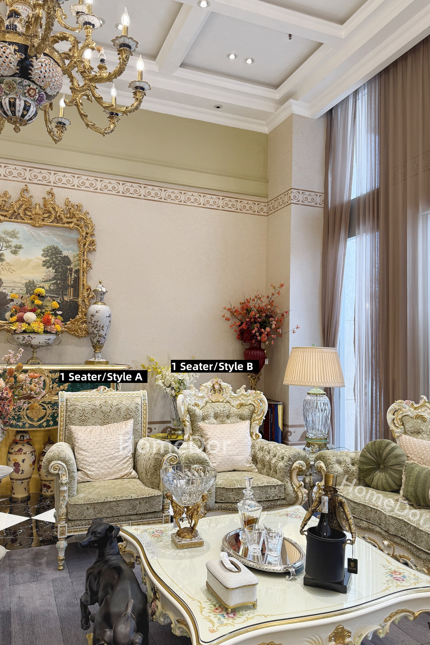 HomeDor × FH&Home | Royal French Rose Mahogany Fairy Green Sofa with Artisan Carving