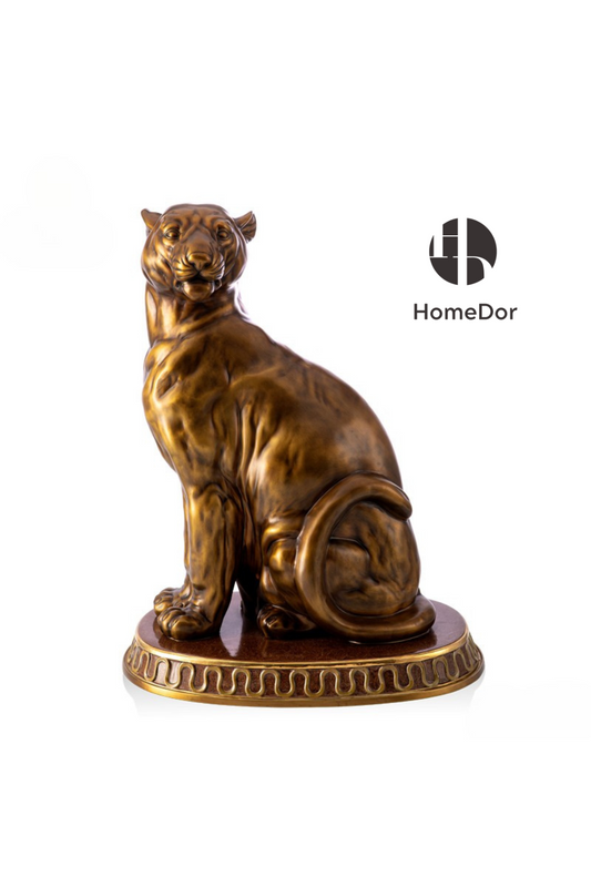 HomeDor-HomeDor × FH&Home | Luxury Vintage Leopard Sculpture with Oval Embossed Pedestal-L58cm × W43cm × H76cm-