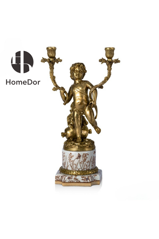 HomeDor-HomeDor × FH&Home | Exquisite Baroque-style Copper Cherub Candle Holder with Porcelain Base-Candelabras-Style A/L25cm × W15cm × H46cm-
