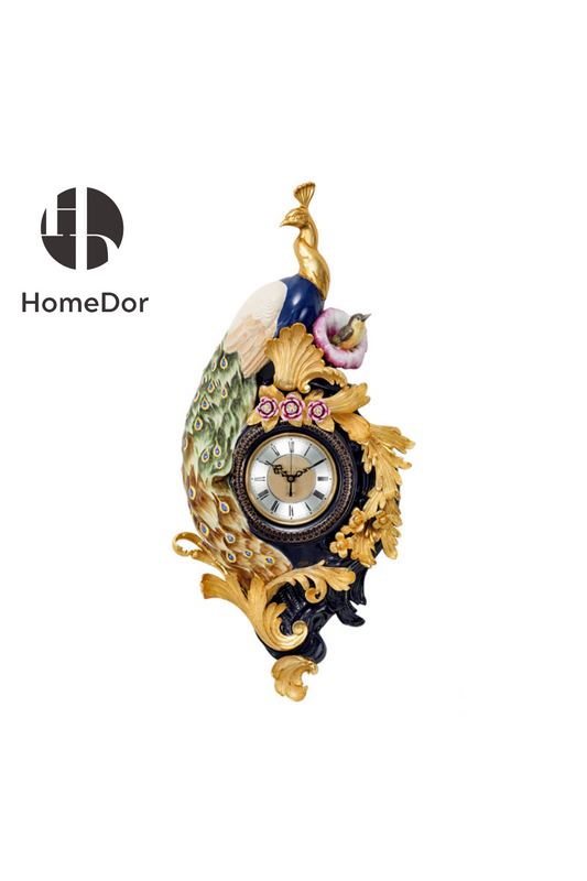 HomeDor-HomeDor × FH&Home | Luxury Rococo Wall Clock with Ornate Peacock and Floral Accents-Clocks-L43cm × W14cm × H88cm-
