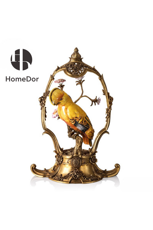 HomeDor-HomeDor × FH&Home | Floral Accent Rococo Porcelain Bird Brass Table Decor-Table Decor-L42cm × W34cm × H74cm-